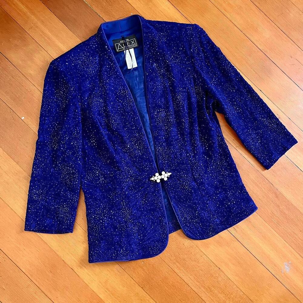 Alex Evenings Vintage 80s Women's Blue Sparkle Jacket & Tank Set, Size S Petite